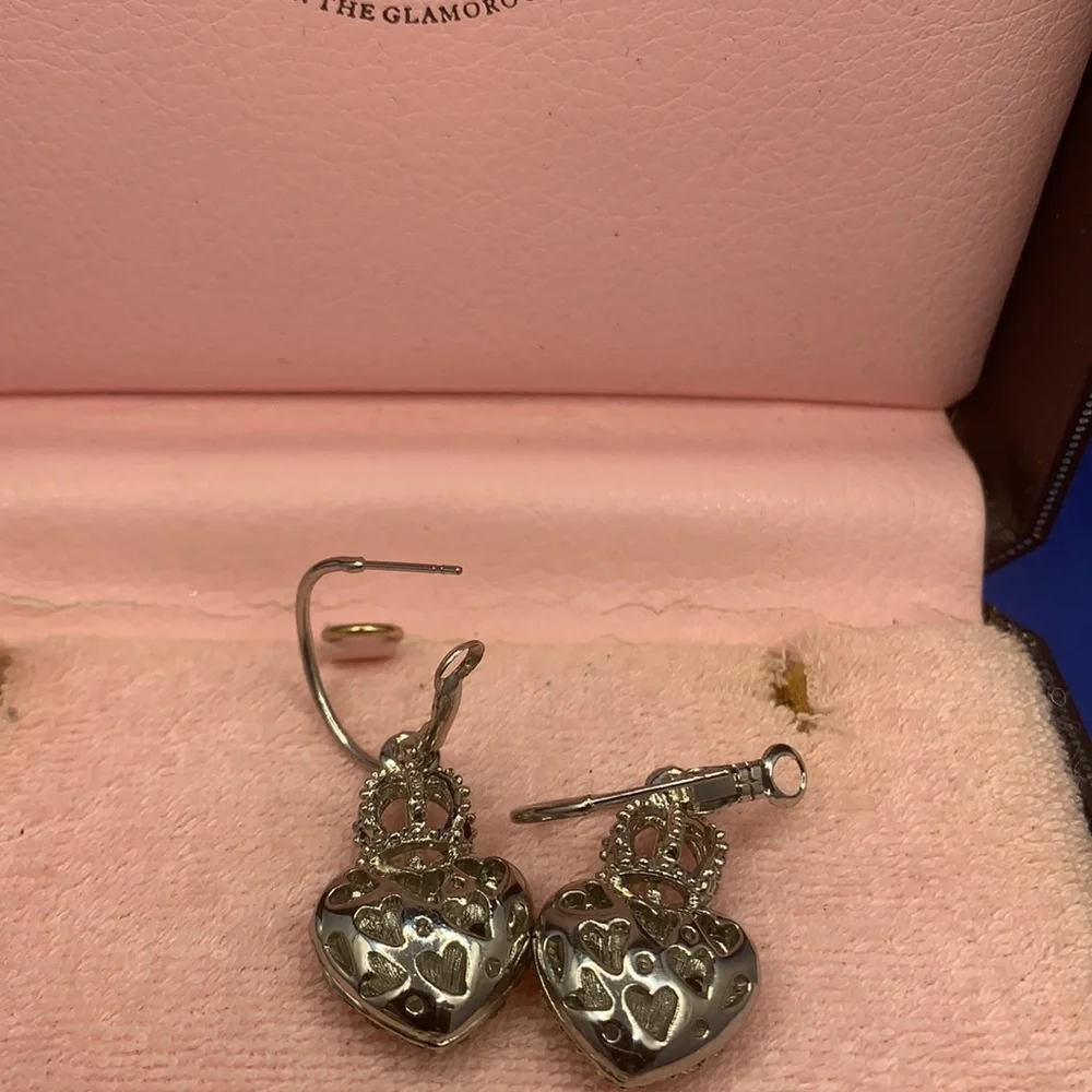Rare - JUICY COUTURE‎ Silver Tone Heart With Crown Rhinstone Earrings